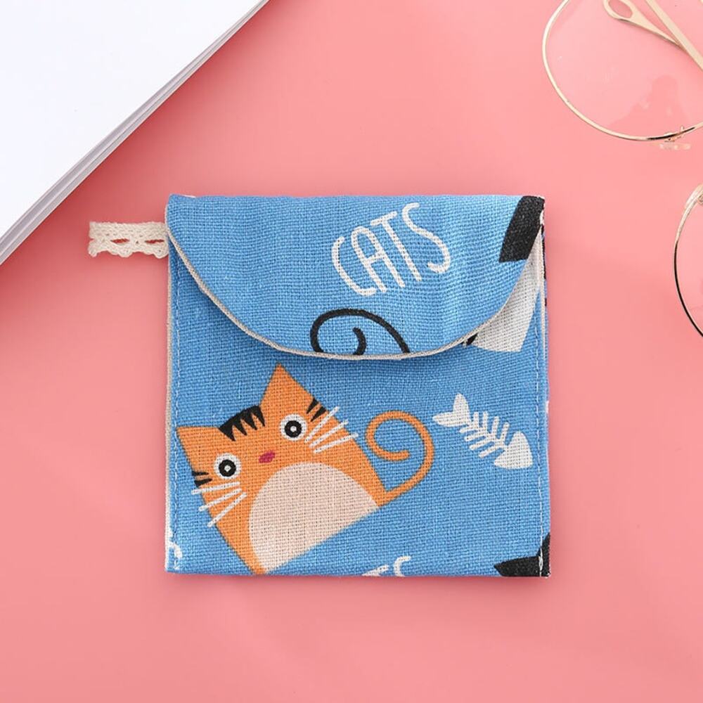 Discreet Linen Privacy Pouch Light‎ Blue with Colorful Cats